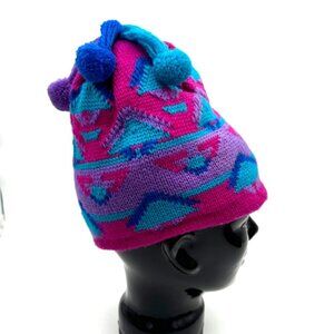Vintage Igloos Wool Fleece Hat Colorful Geometric USA made With small Pom poms f